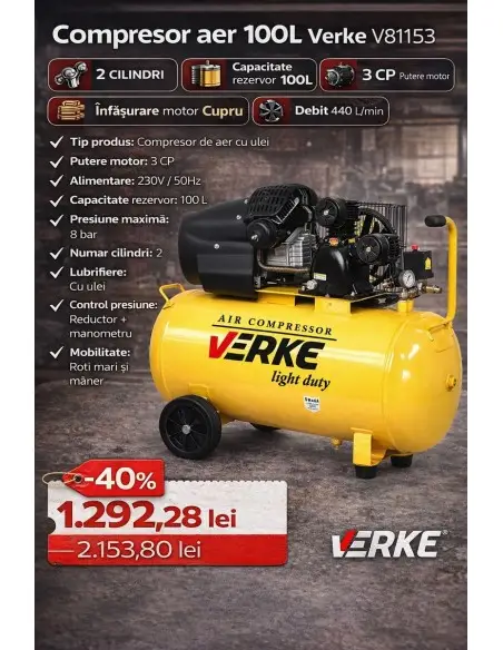 Compresor aer de 100l, Verke, 3CP, 440 L/min, V81153 Compresor aer de 100l, Verke, 3CP, 440 L/min, V81153
