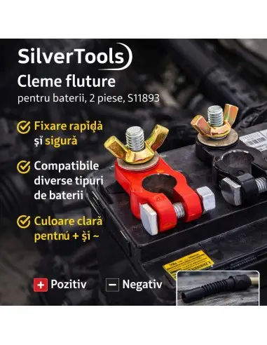 Cleme fluture, SilverTools, pentru baterii, 2 piese, S11893 Cleme fluture, SilverTools, pentru baterii, 2 piese, S11893