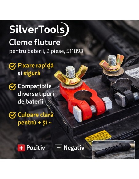 Cleme fluture, SilverTools, pentru baterii, 2 piese, S11893 Cleme fluture, SilverTools, pentru baterii, 2 piese, S11893