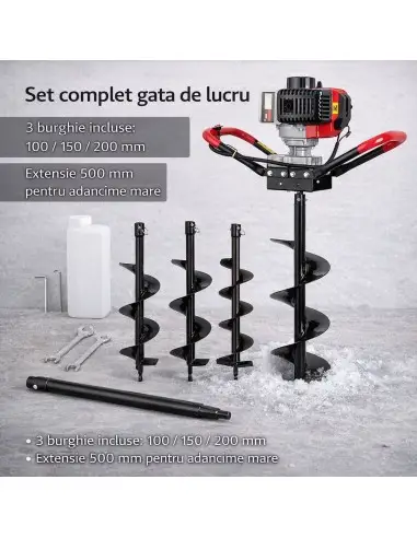 Motoburghiu pamant si gheata pe benzina cu 3 burghie 100/150/200 mm si extensie 500 mm