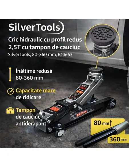 Cric hidraulic cu profil redus 2,5T cu tampon de cauciuc, SilverTools, 80-360 mm, B10663
