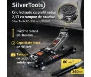 Cric hidraulic cu profil redus 2,5T cu tampon de cauciuc, SilverTools, 80-360 mm, B10663