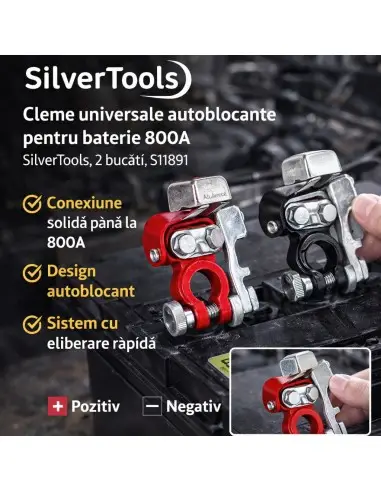 Cleme universale autoblocante pentru baterie 800A, SilverTools, 2 bucati, S11891 Cleme universale autoblocante pentru baterie 800A, SilverTools, 2 bucati, S11891