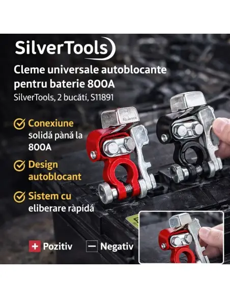 Cleme universale autoblocante pentru baterie 800A, SilverTools, 2 bucati, S11891 Cleme universale autoblocante pentru baterie 800A, SilverTools, 2 bucati, S11891