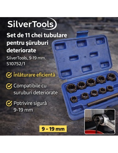 Set de 11 chei tubulare pentru suruburi deteriorate , SilverTools, 9-19 mm, S107521 Set de 11 chei tubulare pentru suruburi deteriorate , SilverTools, 9-19 mm, S107521