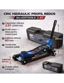 Cric hidraulic cu profil redus de 2,5 T, SilverTools, cu valiza si maner rotativ, 80-360mm, S10662