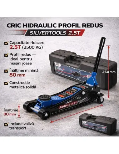 Cric hidraulic cu profil redus de 2,5 T, SilverTools, cu valiza si maner rotativ, 80-360mm, S10662