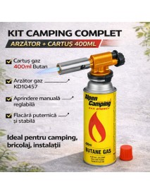 Kit pentru camping cartus de gaz 400ml, SilverTools +arzator gaz Kd10457