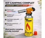 Kit pentru camping cartus de gaz 400ml, SilverTools +arzator gaz Kd10457