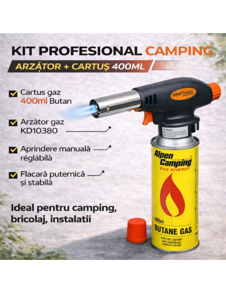 Set cartus de gaz si arzator KD10831, SilverTools, 400ml Set cartus de gaz si arzator KD10831, SilverTools, 400ml