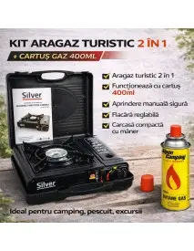 Kit aragaz turistic 2 in 1 si cartus de gaz 400ml, SilverTools