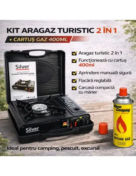 Kit aragaz turistic 2 in 1 si cartus de gaz 400ml, SilverTools