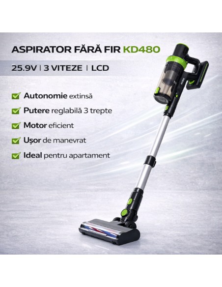 Aspirator vertical fara fir, LCD, KD480, Kraft&Dele, baterie Li-Ion 25.9V, 3 viteze