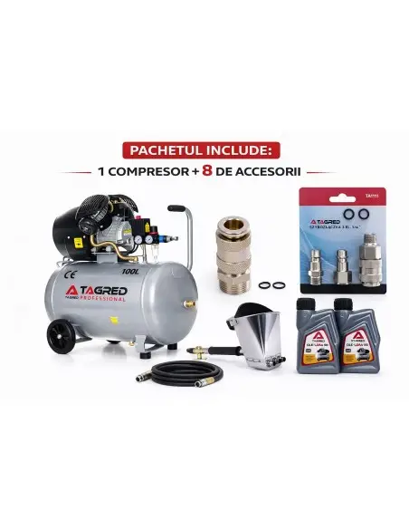 Set compresor aer 100L pentru tencuit, 10 bar, TAGRED TA361, masina tencuit 8 duze, furtun 20m