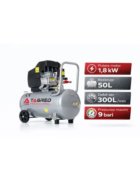 Compresor aer 50l, Tagred, 1.8 kW, 300L/min, 8 bar, TA301N