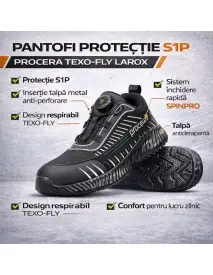 Pantofi de protectie insertie talpa metal, Procera, siret SPRINPRO, Texo-Fly Larox S1P