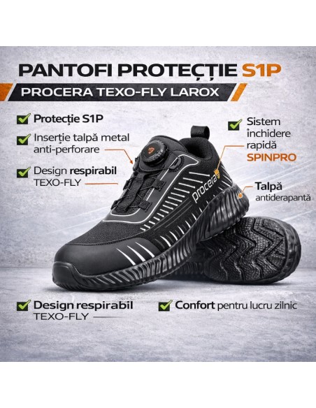 Pantofi de protectie insertie talpa metal, Procera, siret SPRINPRO, Texo-Fly Larox S1P