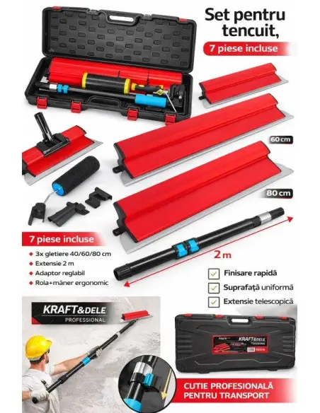 Set pentru tencuit 7 bucati, Kraft&Dele, 40/60/80 cm + extensie 2 m