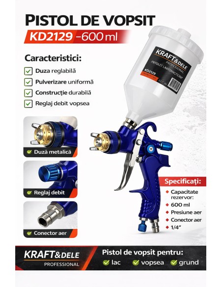 Pistol de vopsit 600ml, Kraft&Dele, 1,4 mm, KD2129