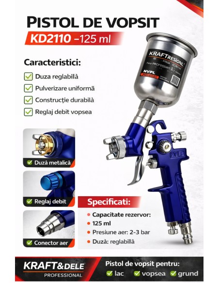 Pistol de vopsit 125 ml, Kraft&Dele, 0,8 mm, KD2110 Pistol de vopsit 125 ml, Kraft&Dele, 0,8 mm, KD2110