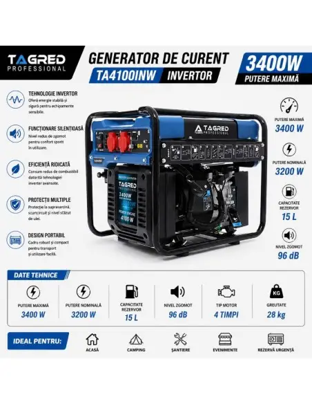 Generator de curent, Tagred TA4100INW, 3400 W, 15 l, 96 dB, invertor