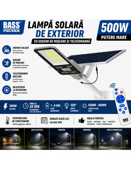 Lampa solara de exterior, Bass Polska, cu senzor de miscare si telecomanda, 500W, 5920 Lampa solara de exterior, Bass Polska, cu senzor de miscare si telecomanda, 500W, 5920