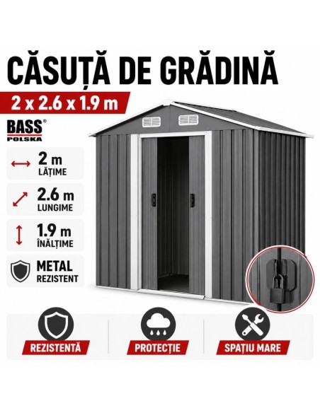 Casuta de gradina, Bass Polska, gri, 2 x 2,6 x 1,9 m, BH 28564 Casuta de gradina, Bass Polska, gri, 2 x 2,6 x 1,9 m, BH 28564
