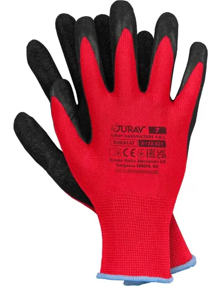 Manusi de lucru Bukalat, tricot 100% poliester, acoperire latex rugos, cusatura 13, rezistente la alunecare, model EN ISO 21420