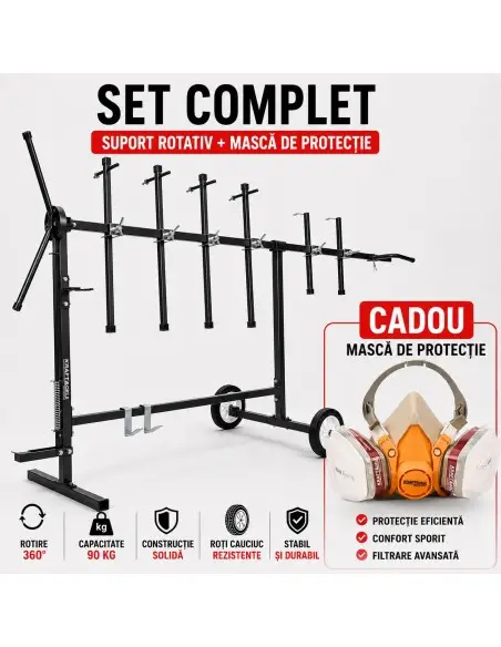 Suport rotativ pentru vopsitorie auto cu 6 brate, capacitate 90 kg, rotire 360 de grade, include masca de protectie cu filtru