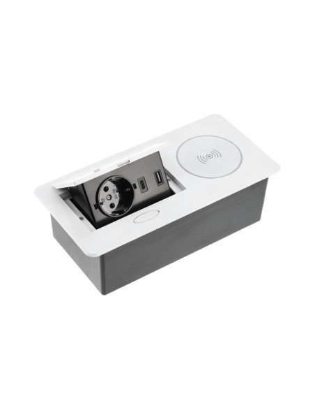Priza de mobilier Avaro Plus, 1x Schuko, USB A+C, incarcare inductiva 5W, cablu 1,5 m, alba