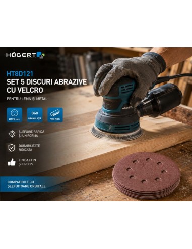 Set 5 discuri abrazive, Hogert, cu velcro, 125 mm, G60, pentru metal/ lemn, HT8D121 Set 5 discuri abrazive, Hogert, cu velcro, 125 mm, G60, pentru metal/ lemn, HT8D121