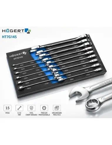 Set 15 chei combinate, Hogert, din otel, pentru desurubare si insurubare, HT7G145