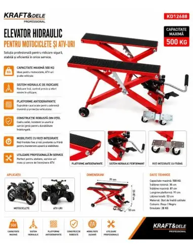 Elevator hidraulic pentru motociclete si ATV-uri, Kraft&Dele, 500 kg, KD12688 Elevator hidraulic pentru motociclete si ATV-uri, Kraft&Dele, 500 kg, KD12688