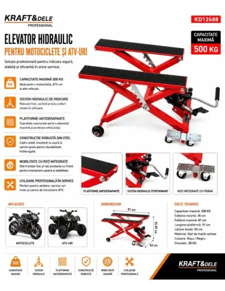 Elevator hidraulic pentru motociclete si ATV-uri, Kraft&Dele, 500 kg, KD12688 Elevator hidraulic pentru motociclete si ATV-uri, Kraft&Dele, 500 kg, KD12688