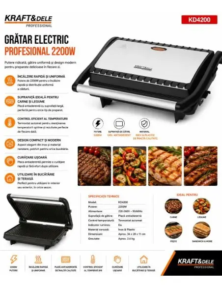 Gratar electric cu placi antiaderente, Kraft&Dele, 2200 W, KD4200 Gratar electric cu placi antiaderente, Kraft&Dele, 2200 W, KD4200