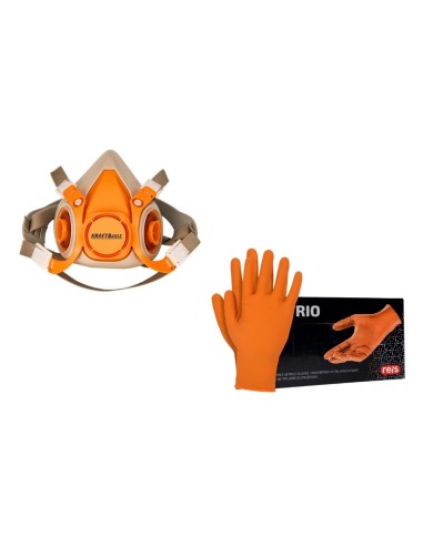 Sete echipament protectie vopsitor, masca de vopsitorie + filtru+ manusi din nitril portocalii