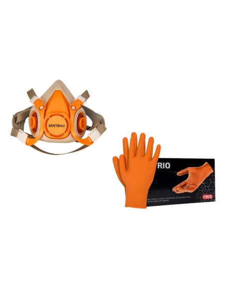 Sete echipament protectie vopsitor, masca de vopsitorie + filtru+ manusi din nitril portocalii