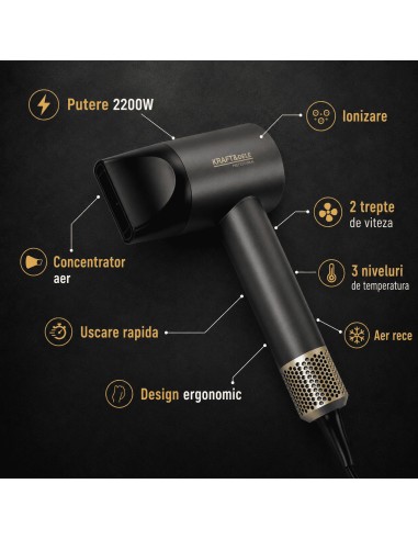 Uscator de par 2200 W, Kraft&Dele, ionizare, 2 viteze, 3 temperaturi, KD4387 Uscator de par 2200 W, Kraft&Dele, ionizare, 2 viteze, 3 temperaturi, KD4387