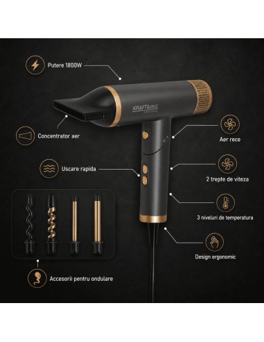 Uscator de par cu 5 accesorii, Kraft&Dele, 1800 W, afisaj LED, KD4383 Uscator de par cu 5 accesorii, Kraft&Dele, 1800 W, afisaj LED, KD4383