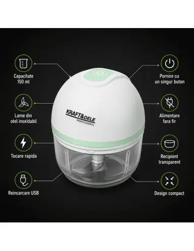 Tocator de carne si legume fara fir, Kraft&Dele, 150 ml, 2500 mAh, KD4363 Tocator de carne si legume fara fir, Kraft&Dele, 150 ml, 2500 mAh, KD4363