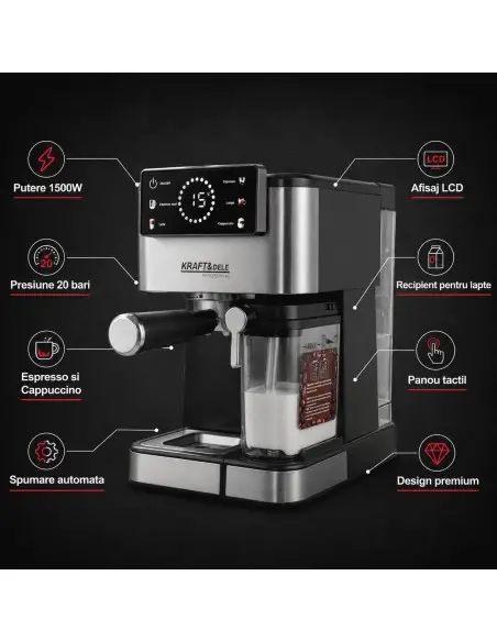 Espressor, Kraft&Dele, 1500 W, 20 bar, LCD, KD4292 Espressor, Kraft&Dele, 1500 W, 20 bar, LCD, KD4292