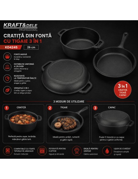 Cratita din fonta 3 in 1, Kraft&Dele, 26 cm, cu capac, KD4245