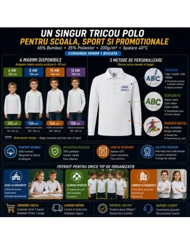 Tricou polo copii maneci lungi, pique... Tricou polo copii maneci lungi, pique...