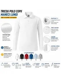 Tricou polo copii maneci lungi, pique 65% bumbac 35% poliester, 200g/m², Malfini LS241