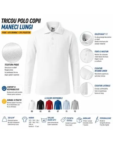 Tricou polo copii maneci lungi, pique 65% bumbac 35% poliester, 200g/m², Malfini LS241 Tricou polo copii maneci lungi, pique 65% bumbac 35% poliester, 200g/m², Malfini LS241