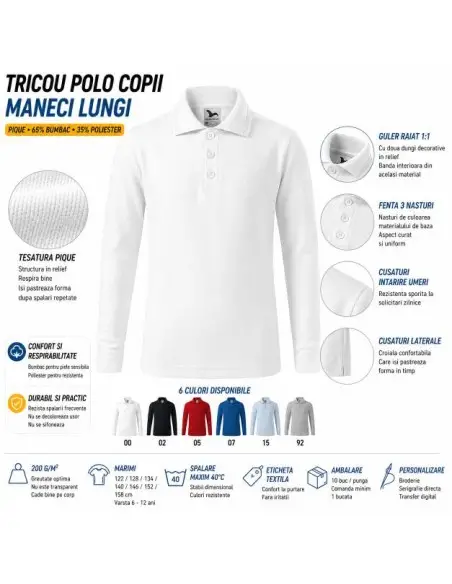 Tricou polo copii maneci lungi, pique 65% bumbac 35% poliester, 200g/m², Malfini LS241 Tricou polo copii maneci lungi, pique 65% bumbac 35% poliester, 200g/m², Malfini LS241