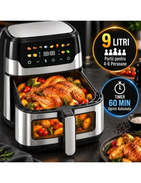 Friteuza cu aer cald 9 litri, 1700W, fereastra vizualizare, panou OLED, 80-200°C, timer 60min, Bass Polska Friteuza cu aer cald 9 litri, 1700W, fereastra vizualizare, panou OLED, 80-200°C, timer 60min, Bass Polska