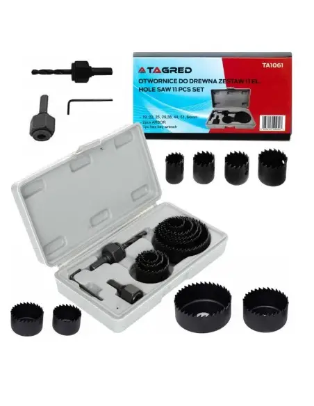 Set carote, Tagred, lemn, 19-64 mm, adaptor si cheie incluse, 11 piese Set carote, Tagred, lemn, 19-64 mm, adaptor si cheie incluse, 11 piese