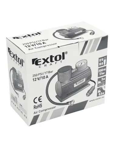 Mini compresor aer auto, Extol, 12 V, 250 PSI / 17 bar, cu 3 tipuri de terminale.