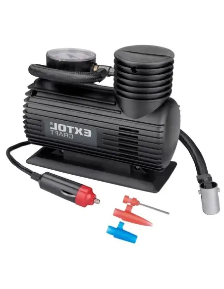 Mini compresor aer auto, Extol, 12 V, 250 PSI / 17 bar, cu 3 tipuri de terminale.
